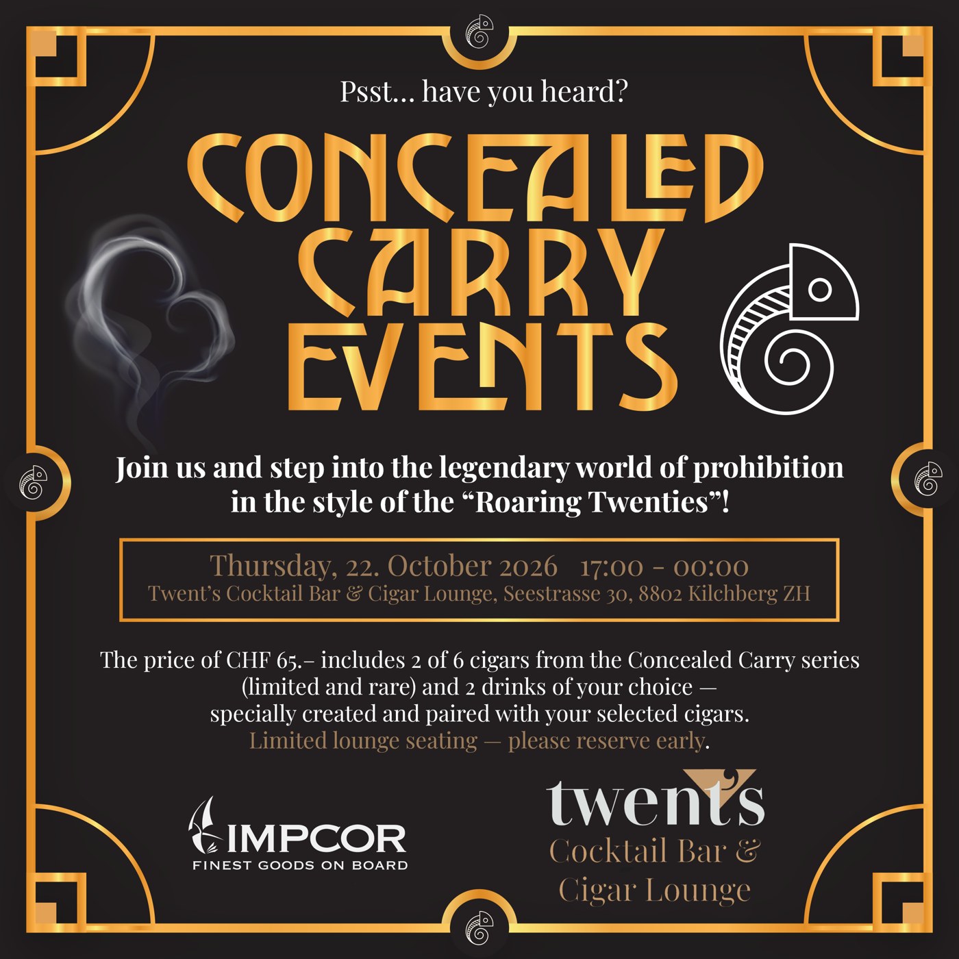 Concealed Carry Events flyer — Thursday, 22 October 2026 at Twent's