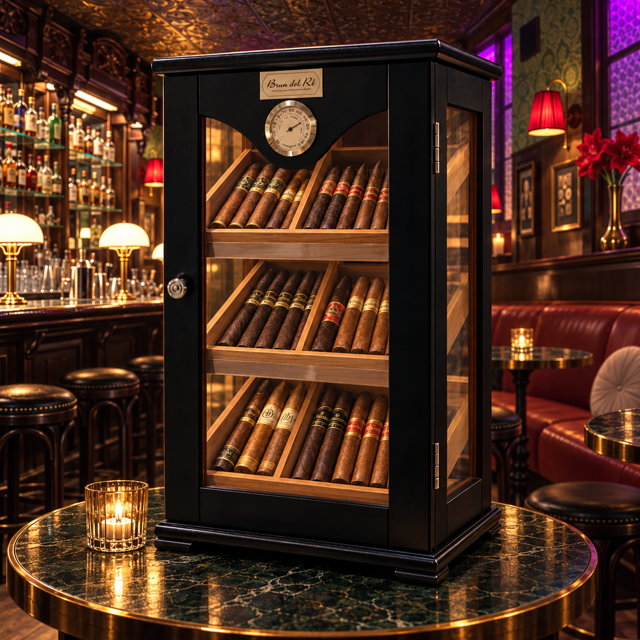 The Brun del Ré humidor at Twent's — black lacquer cabinet of hand-picked cigars on a green marble table in the lounge