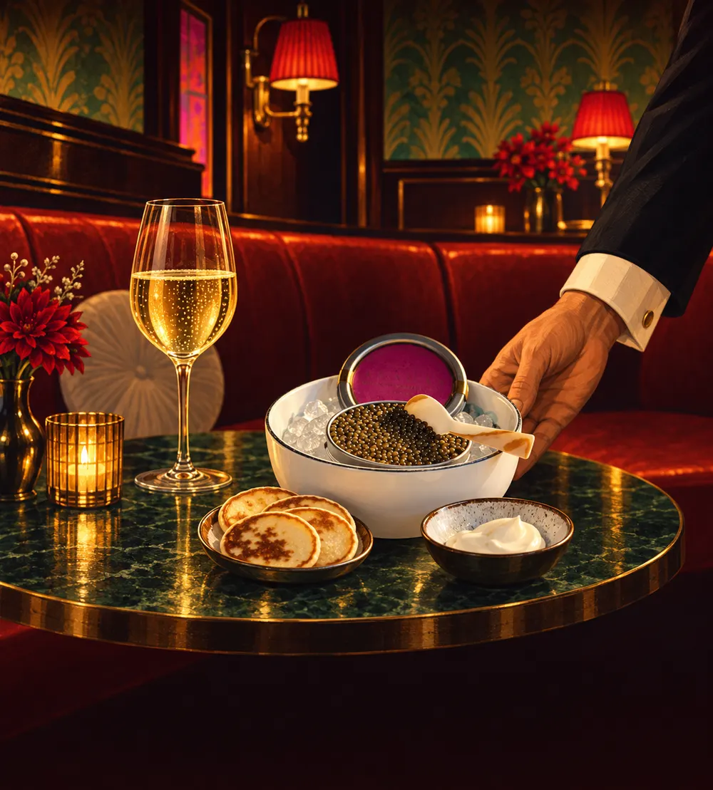 A waiter presenting champagne and a bowl of caviar with blinis at Twent's