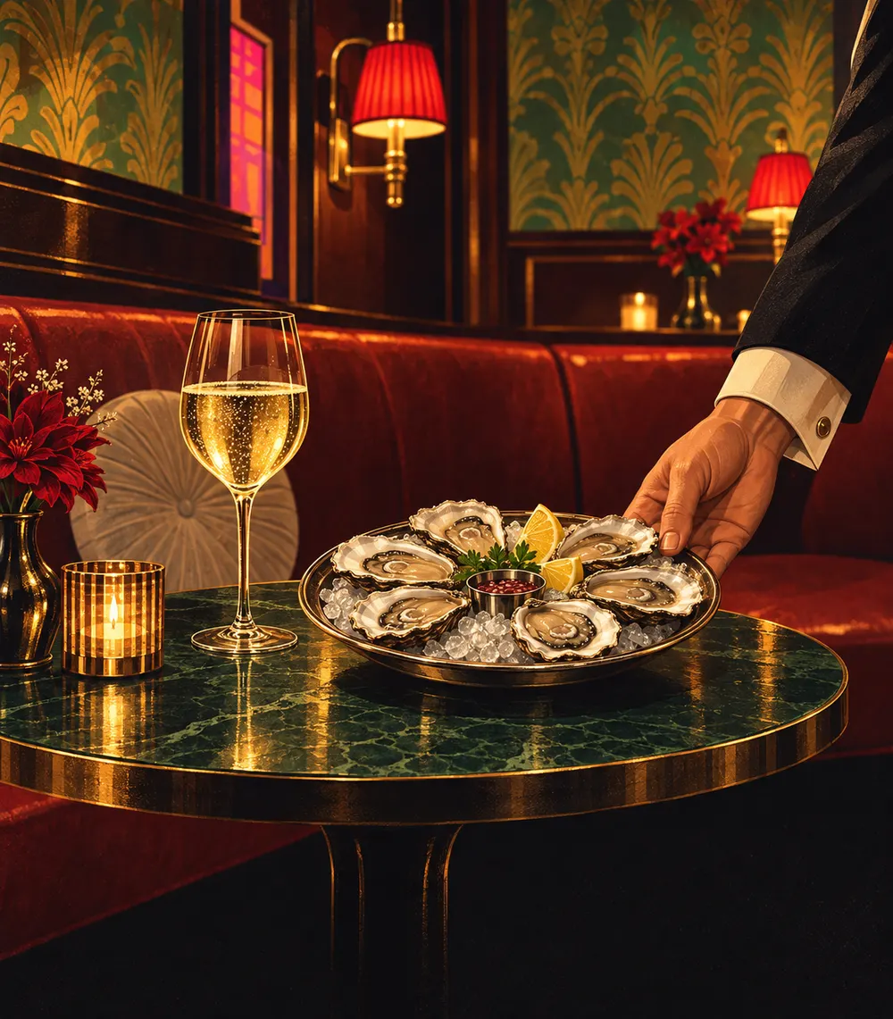 A waiter serving freshly shucked oysters and champagne at Twent's