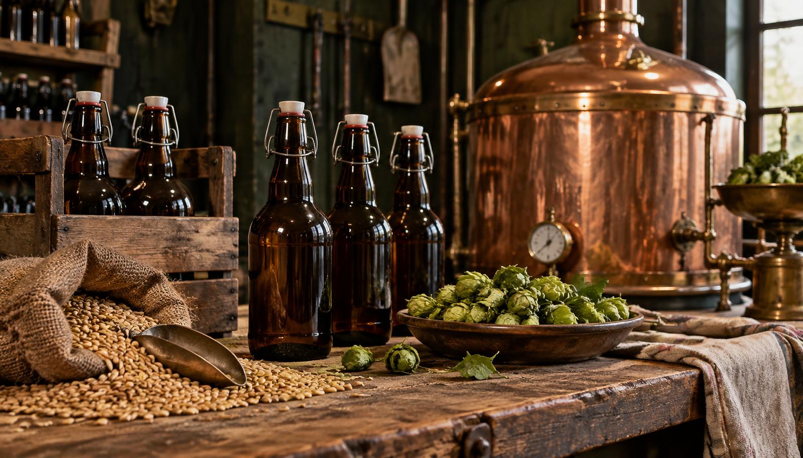 Small-batch brewery with swing-top bottles, malt, hops and a copper brewing vessel