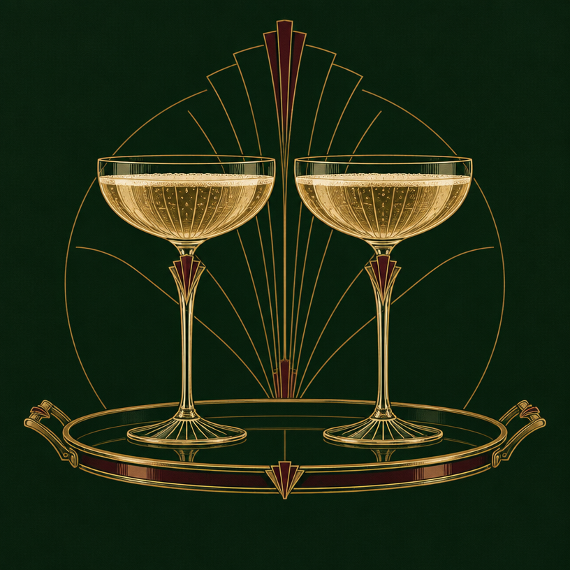 Two identical champagne coupe cocktails on a brass tray — the Ladies Night two-for-one ritual